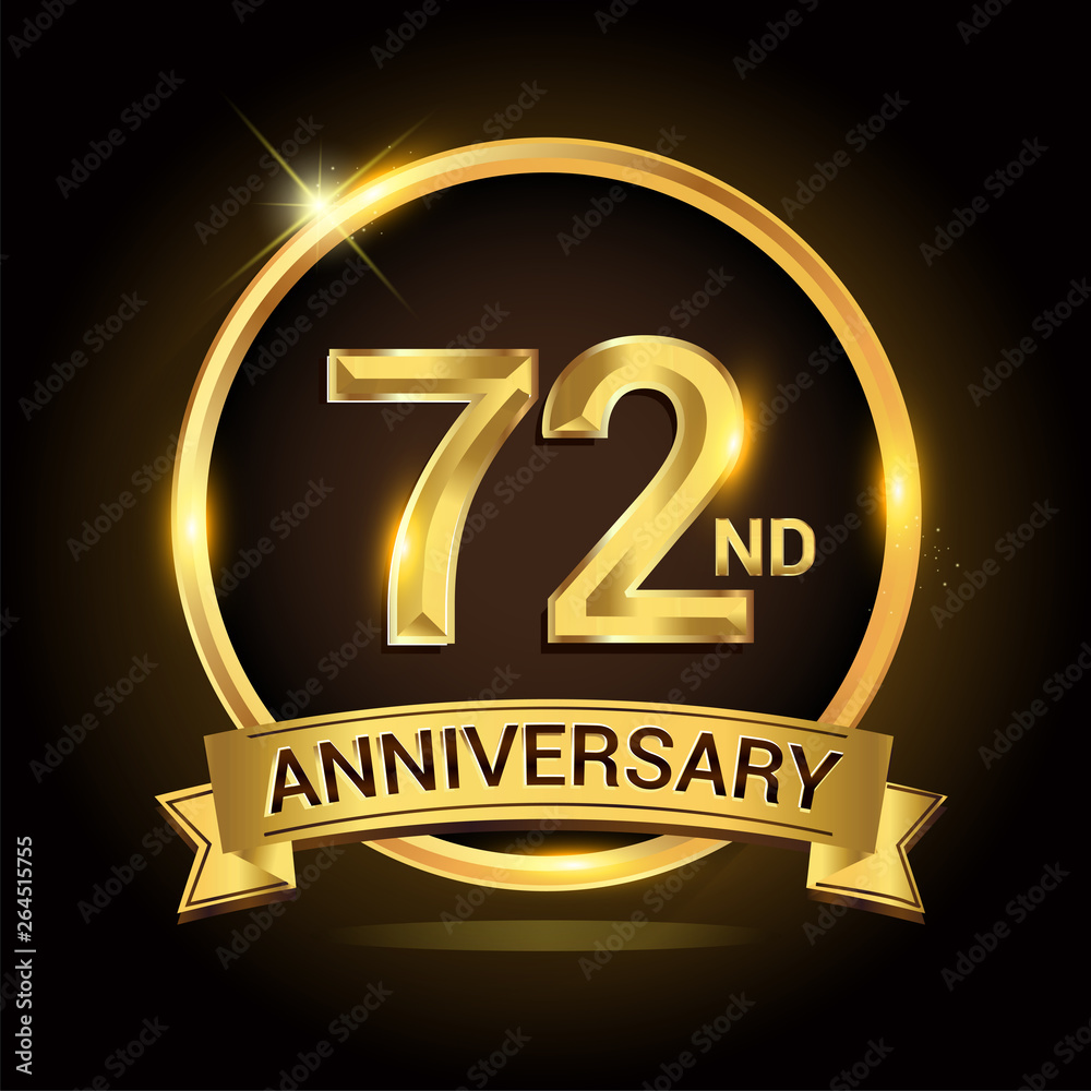 72nd golden anniversary logo, with shiny ring and ribbon, laurel wreath isolated on black background, vector design 72nd golden anniversary logo, with shiny ring and ribbon, laurel wreath isolated on black background, vector design