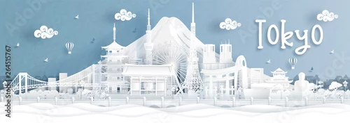 Obraz Panorama widok Tokio miasto linia horyzontu z światowymi sławnymi punktami zwrotnymi Japonia w papieru cięcia stylu wektoru ilustraci.