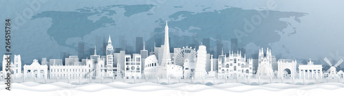 Panorama postcard and travel poster of world famous landmarks of europe, Holland, France, Germany, Belgium, Spain and England in paper cut style vector illustration