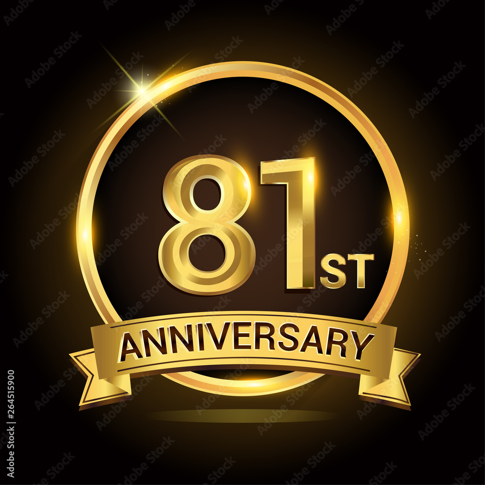 81st golden anniversary logo, with shiny ring and ribbon, laurel wreath isolated on black background, vector design 81st golden anniversary logo, with shiny ring and ribbon, laurel wreath isolated on black background, vector design