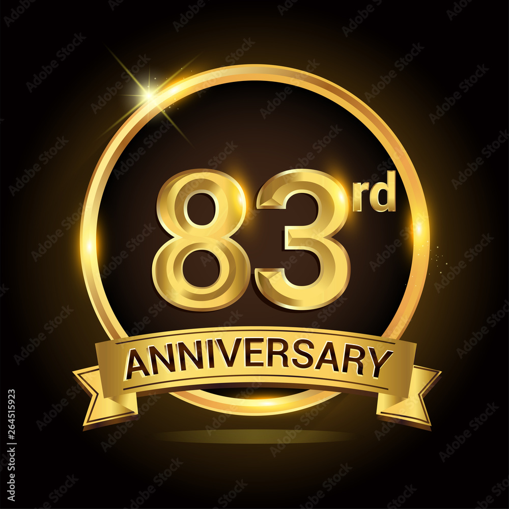 83rd golden anniversary logo, with shiny ring and ribbon, laurel wreath isolated on black background, vector design 83rd golden anniversary logo, with shiny ring and ribbon, laurel wreath isolated on black background, vector design