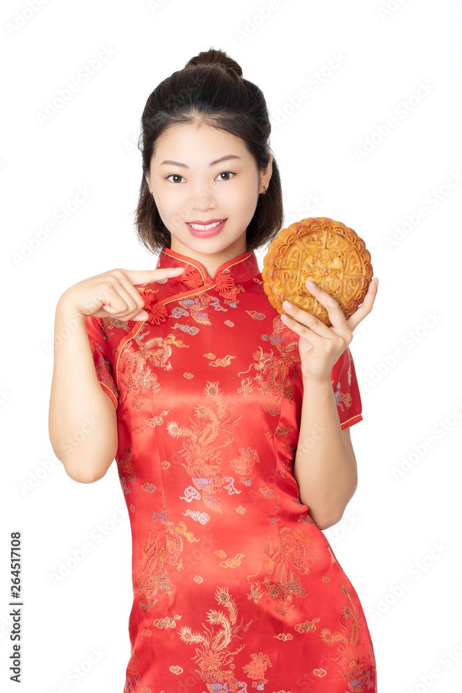 Chinese woman holding Moon Cake isolated on a white background Chinese woman holding Moon Cake isolated on a white background