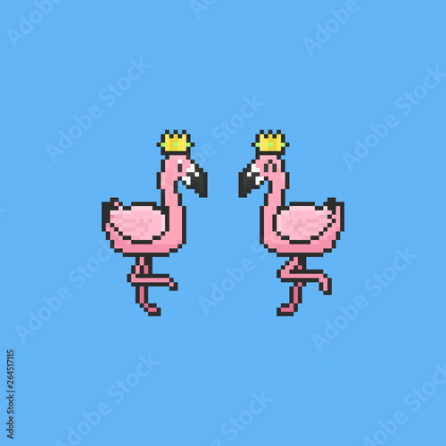 Pixel cartoon flamingo with crown.8bit.summer.