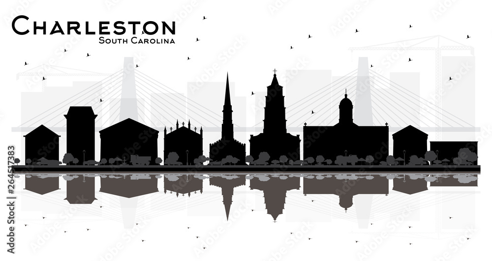 Obraz premium Charleston South Carolina City skyline silhouette with black Buildings Isolated on white.