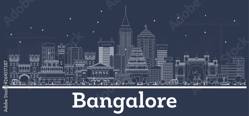 Outline Bangalore India City Skyline with White Buildings.