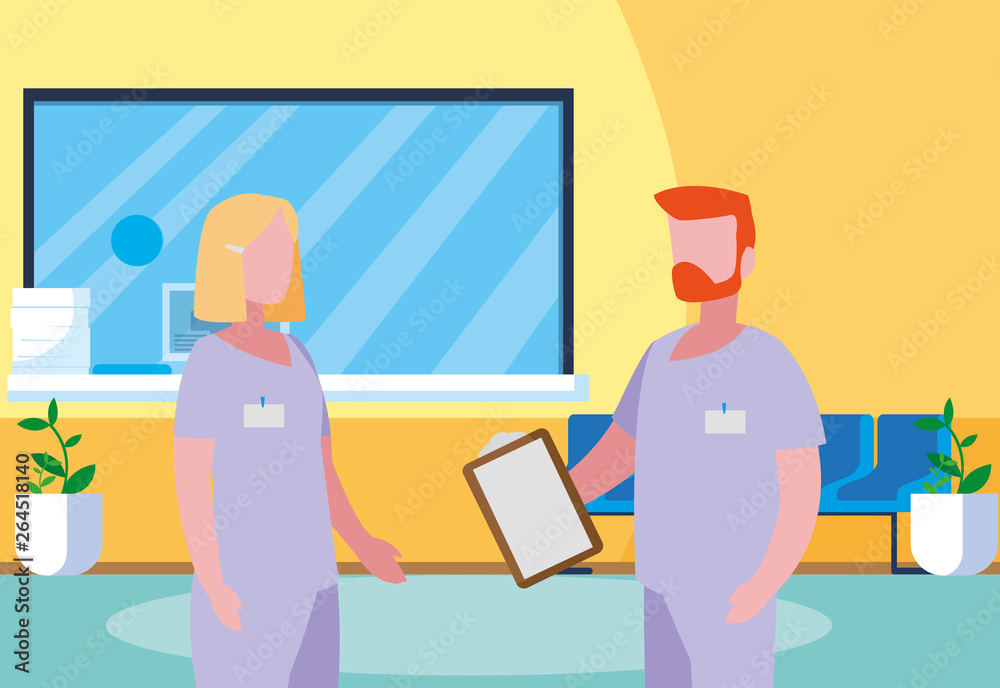 Obraz premium couple medicine workers in hospital reception