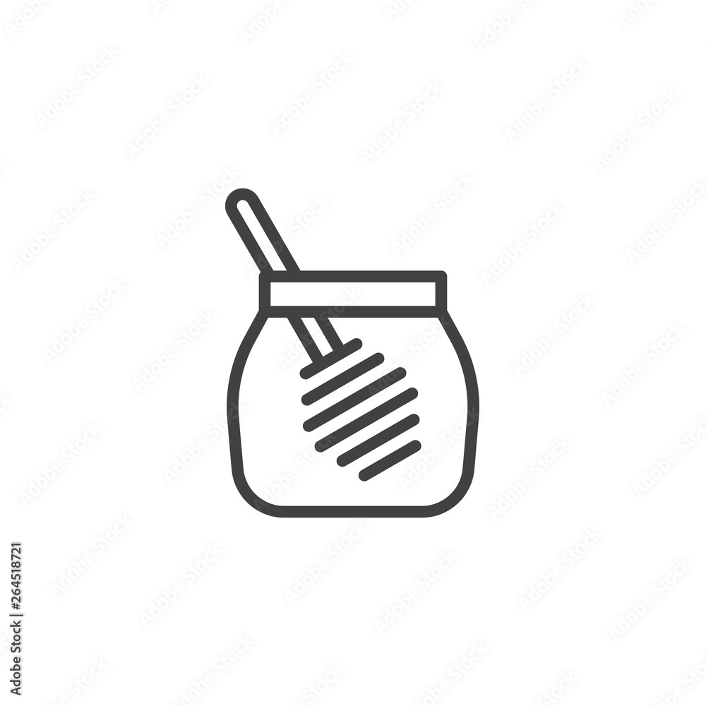 Honey jar with dipper line icon. linear style sign for mobile concept and web design. Glass jar of honey with wooden drizzler outline vector icon. Symbol, logo illustration. Pixel perfect vector Honey jar with dipper line icon. linear style sign for mobile concept and web design. Glass jar of honey with wooden drizzler outline vector icon. Symbol, logo illustration. Pixel perfect vector