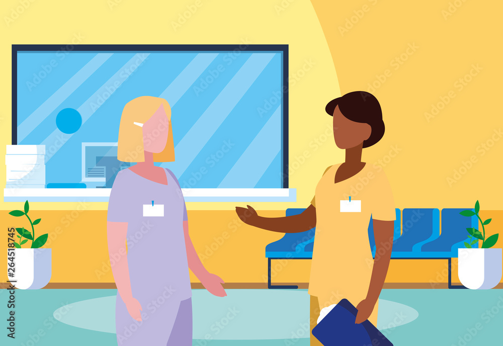 Fototapeta premium interracial female medicine workers in hospital reception