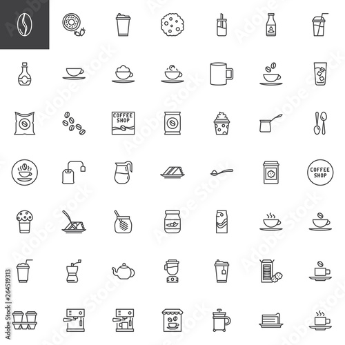 Coffee shop line icons set. linear style symbols collection, outline signs pack. vector graphics. Set includes icons as coffee beans, latte, cappuccino, coffee maker machine, turkish cezve, take away