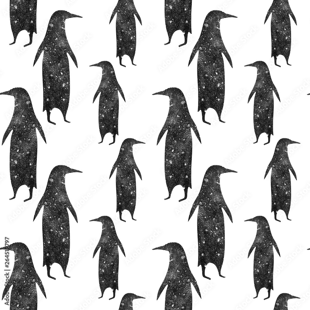 Naklejka premium Seamless penguins pattern. Black and white background.