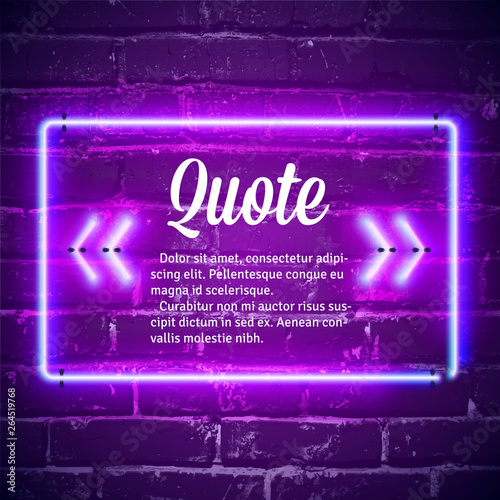 Retro neon glowing quote marks frame on the wall