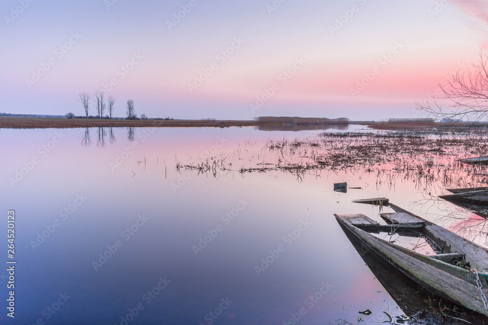 Peaceful water landscape with the sunk boat at dawn