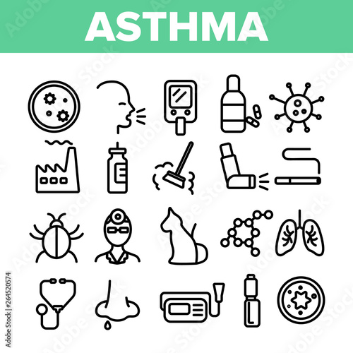 Asthma Illness Vector Thin Line Icons Set. Asthma Medical Condition Symptoms Contour Symbols. Asthmatic Disease Reasons, Treatment. Viruses Affecting Lungs, Respiratory System Outline Illustrations
