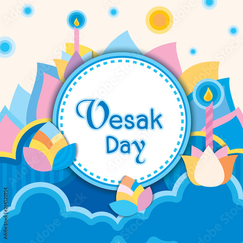 Illustration Vesak day design with lotus flowers on blue background.