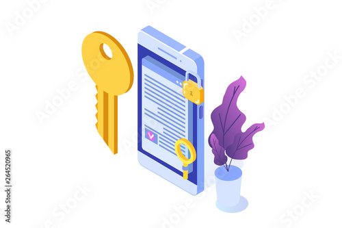 Smart contract, Digital signature isometric concept. Blockchain technology. Vector illustration