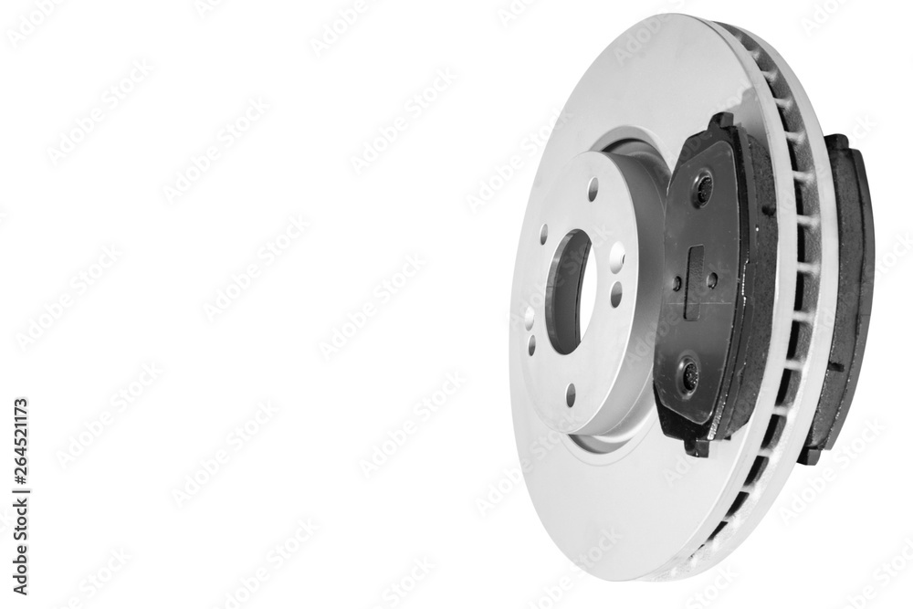 Car Brake discs and brake pads isolated on white background. Auto parts. Brake disc rotor isolated on white. Braking disk. Car part. Car detailing. Spare parts. Black and white