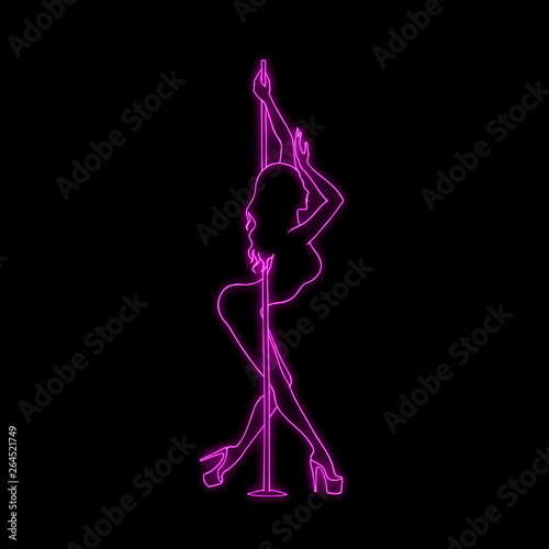 Vector silhouette of girl and pole with neon effect. Pole dance illustration for fitness, striptease dancers, exotic dance. Vector illustration EPS10 for logotype, badge, icon, logo, banner, tag.