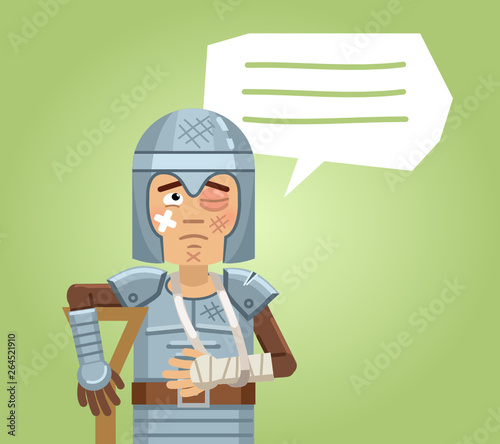 Illustration of an injured knight. Sad knight standing with bandaged arm. Emoticon, emoji, facial expression. Medieval knight, crusader, soldier. Flat style vector illustration