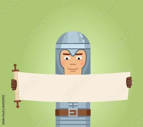 Illustration of a medieval knight holding a scroll. Banner, paper, placard, poster. Teach, advertise, promote. Medieval knight, crusader, soldier. Flat style vector illustration