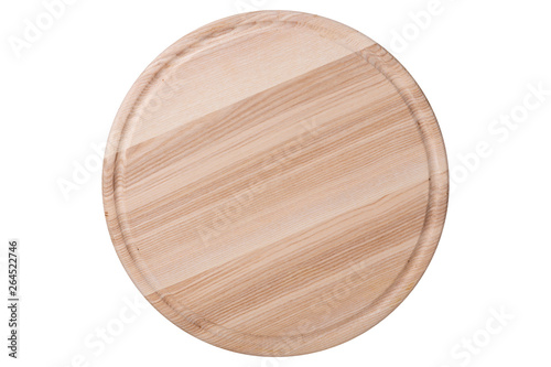 round wooden board for cutting or serving dishes, flat lay, on a white background
