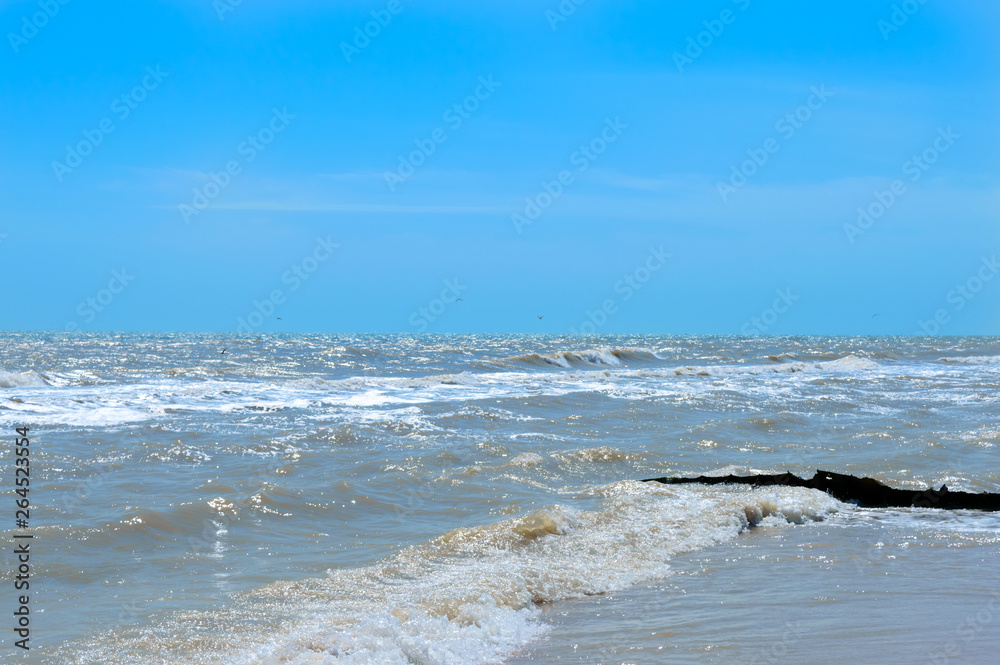Fototapeta premium Waves on the shore. Sea wave with sunlight. Beautiful view of the sea and blue sky. Seascape.