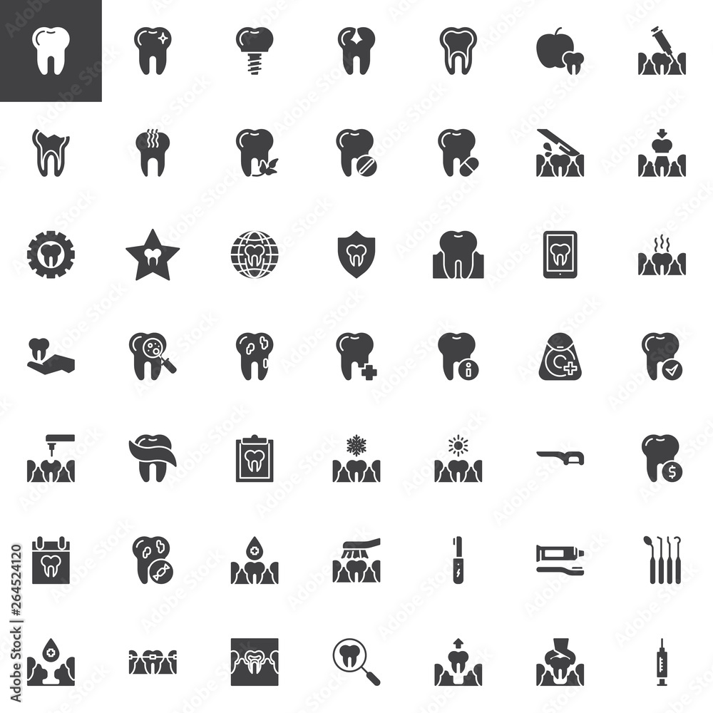 Dental care vector icons set, modern solid symbol collection, filled style pictogram pack. Signs, logo illustration. Set includes icons as Healthy, sensitive tooth, Implant, Caries, Dentistry Dental care vector icons set, modern solid symbol collection, filled style pictogram pack. Signs, logo illustration. Set includes icons as Healthy, sensitive tooth, Implant, Caries, Dentistry