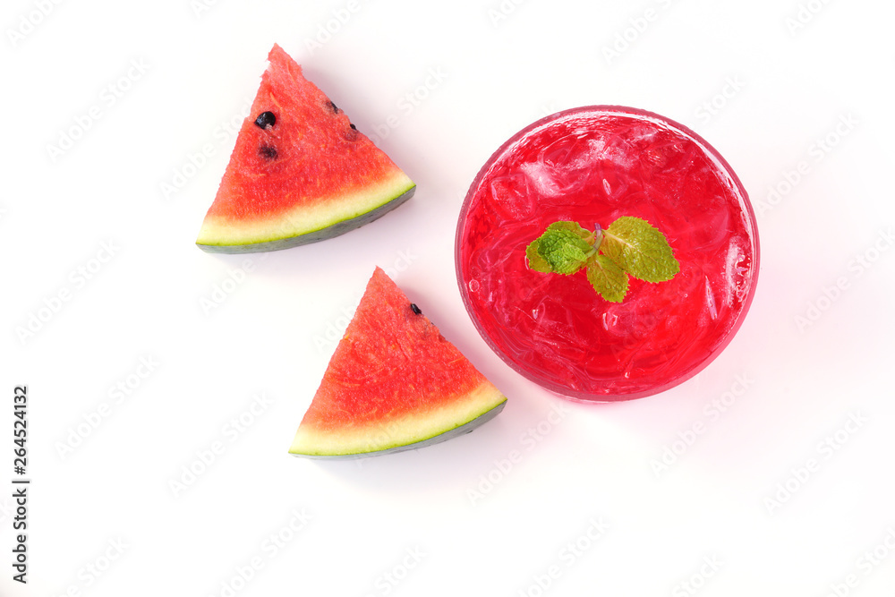 Watermelon juice with mint in glass and slice watermelon isolated on white background