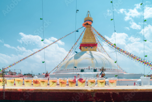 The Buddhist stupa of Boudha Stupa dominates the skyline. It is one of the largest unique structures stupas in the world Located in kathmandu, Nepal.