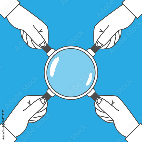 Hands hold a magnifying glass with four handles on blue background. Analysis of the problem and searching for answer concept illustration. Teamwork metaphor. Clipping mask used.