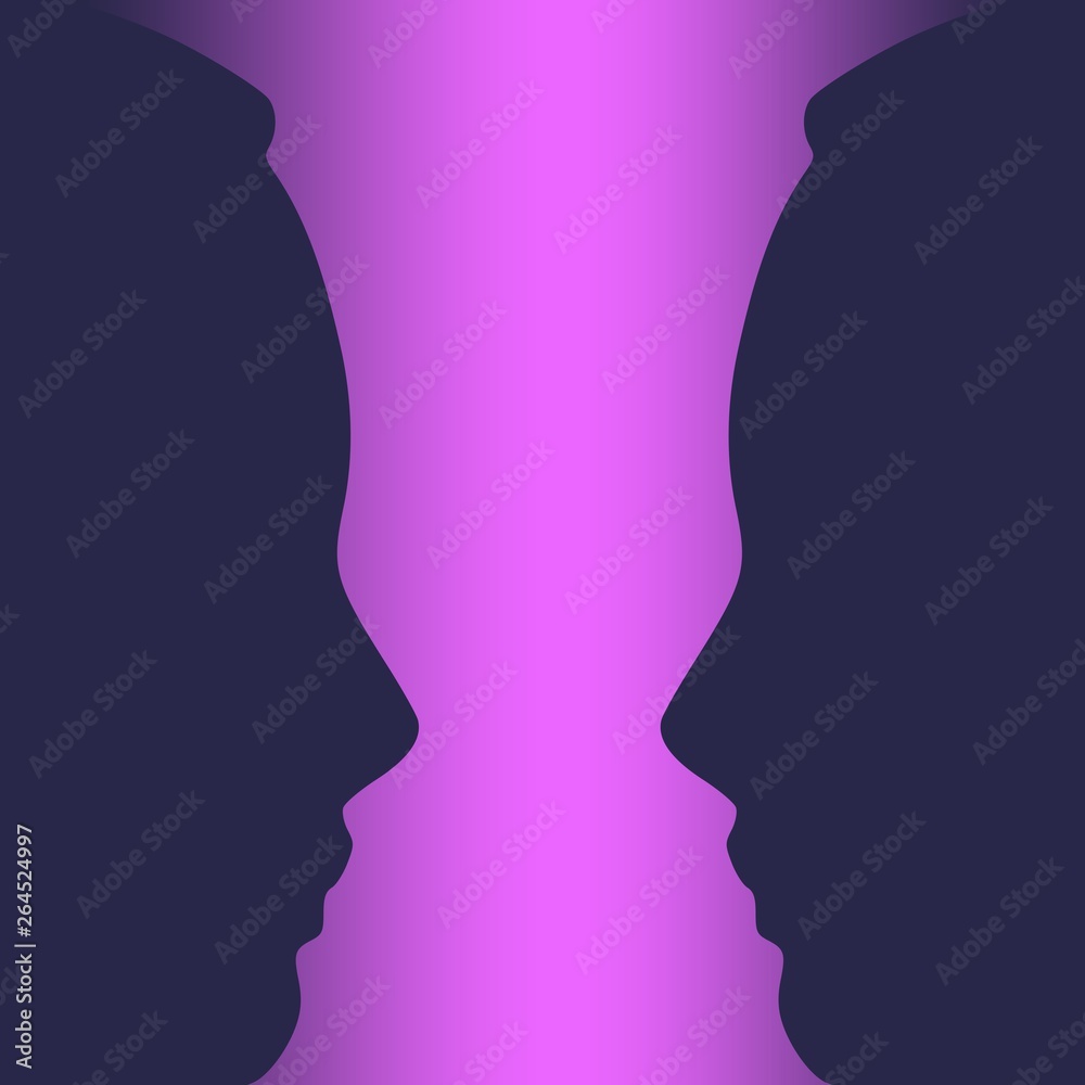 A vase or two face profile view. Optical illusion. Human head make silhouette of goblet