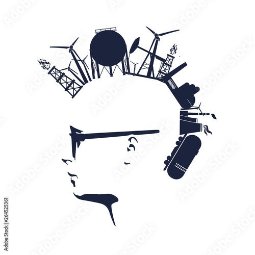 Man avatar profile view. Face silhouette with industrial icons as a hair. Mohawk hairstyle. Portrait with sunglasses