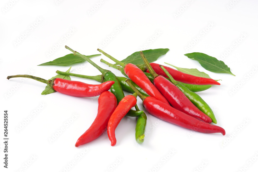 chili pepper and Chili leaves isolated on white background