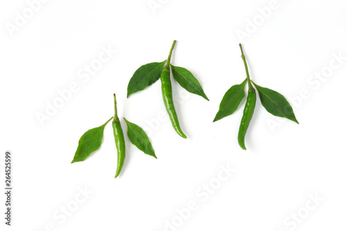 Top view red chili pepper and Chili leaves isolated on white background