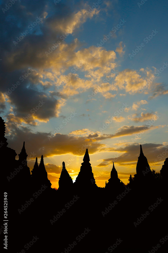 Sunset in buddhist temple,stupa,in the historical park of Bagan,Myanmar