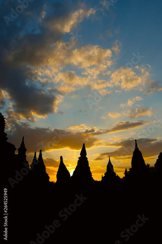 Sunset in buddhist temple stupa in the historical park of Bagan Myanmar