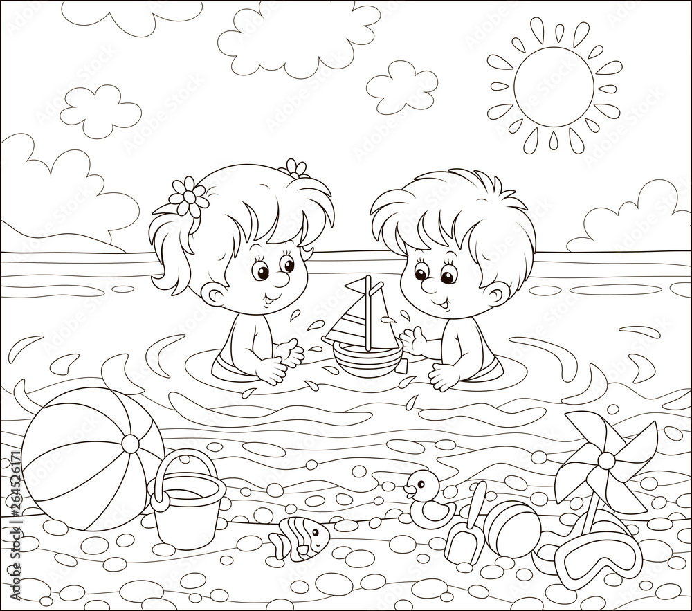 Fototapeta Happy little kids playing with toys in water on a sea beach on a sunny summer day, black and white vector illustration in a cartoon style for a coloring book