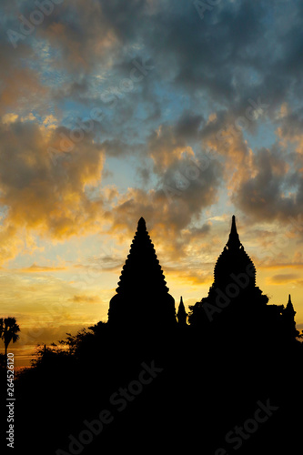 Sunset in buddhist temple stupa in the historical park of Bagan Myanmar