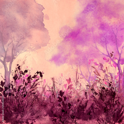 Watercolor landscape. pink trees, bushes, field, wild grass.Watercolor group of trees - willow, sakura, aspen,cherry, apple. The silhouette of the forest, sun,sunset, sunrise. Summer, spring, autumn.