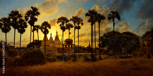 Sunset in buddhist temple stupa in the historical park of Bagan Myanmar