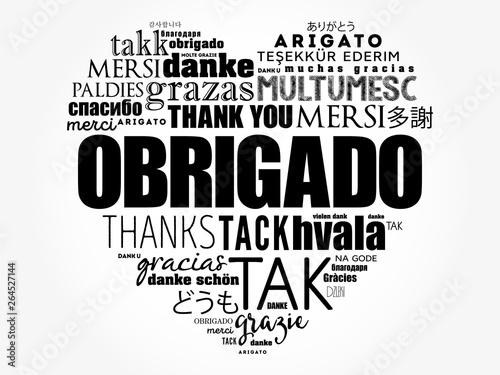 Obrigado (Thank You in Portuguese) love heart Word Cloud in different languages
