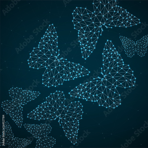 Abstract background with neon butterflyes of lines and dots, glowing polygonal geometric structure. Vector design