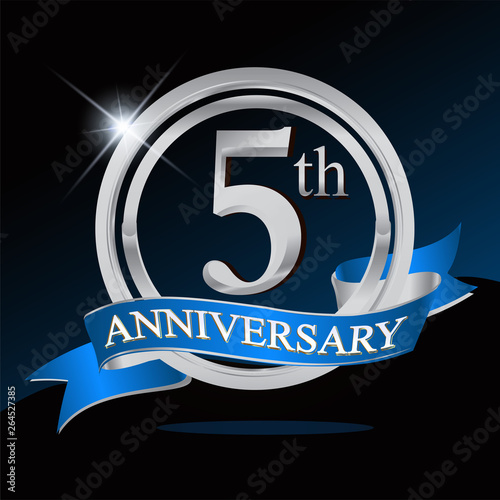 5th anniversary logo with blue ribbon and silver ring, vector template for birthday celebration.