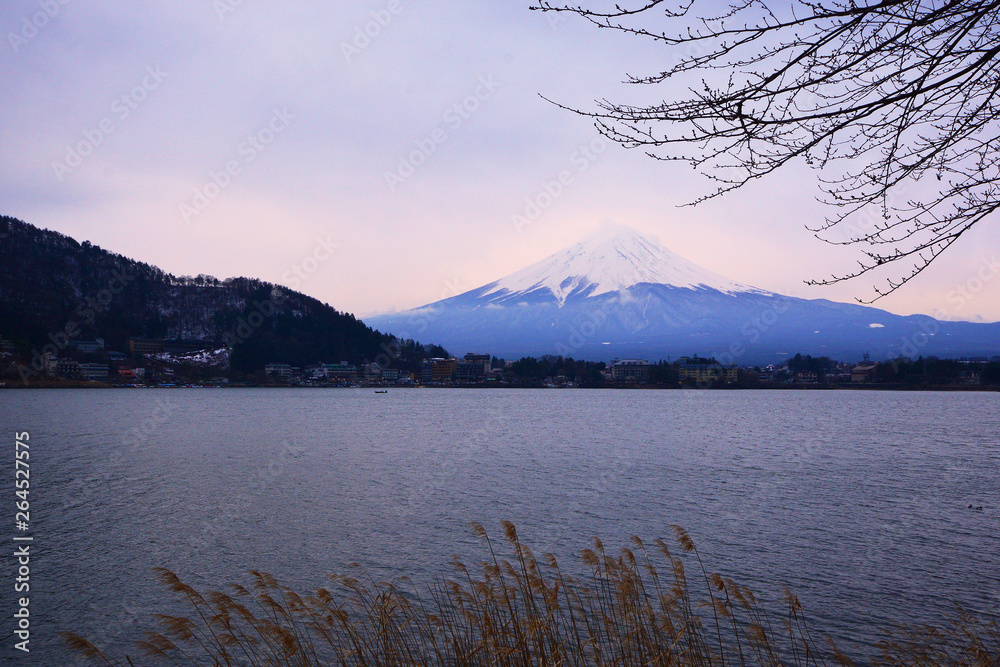 Reflection of Mt Fuji at lake Kawaguchiko with sunset, Japan