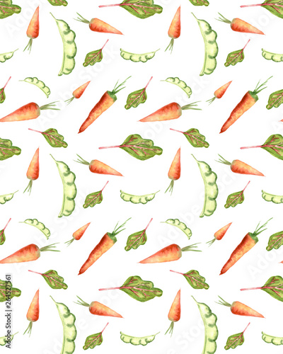 seamless pattern of watercolor elements carrot, pea pods, lettuce