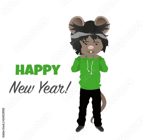 Cartoon rat in green hoodie. Be yourself. Year of the rat. Chinese horoscope. Beauty mouse. 