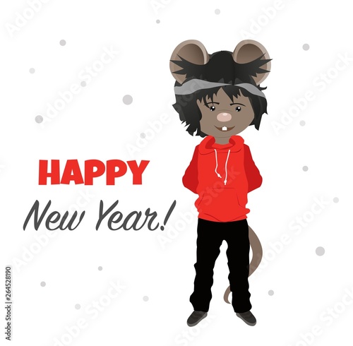 Cartoon rat in red hoodie. happy 2020. Year of the rat. Chinese horoscope. Beauty mouse.	