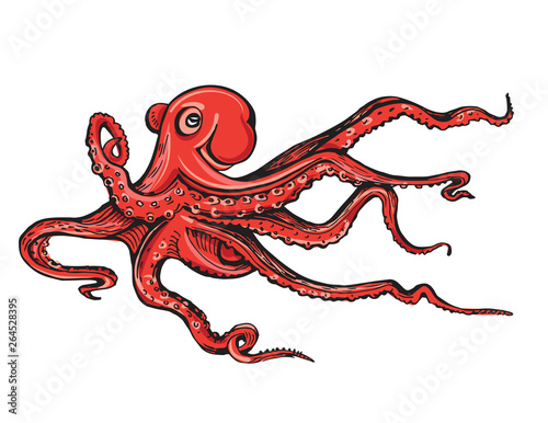 Hand drawn vector octopus illustration. Cartoon octopus. Vintage color engraving color illustration. Red octopus on blue background.