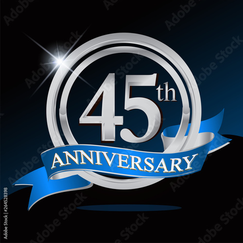 45th anniversary logo with blue ribbon and silver ring, vector template for birthday celebration. photo