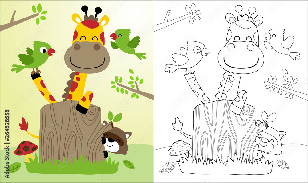 Fototapeta premium Coloring book or page with nice giraffe cartoon and friends, raccoon, birds.