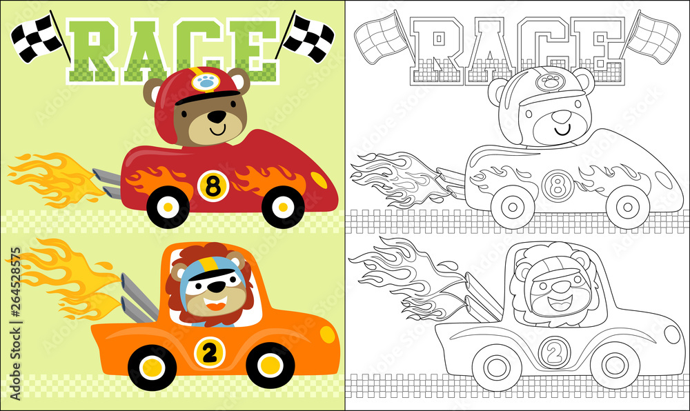 Coloring book or page with animals cartoon on race car.